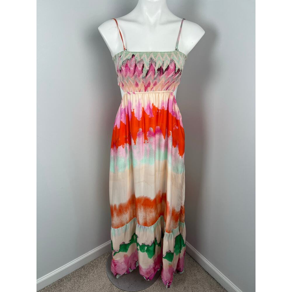 Maaji Natasha Rainbow Dye Smocked Maxi Dress Medium Beach Vacation Tropical